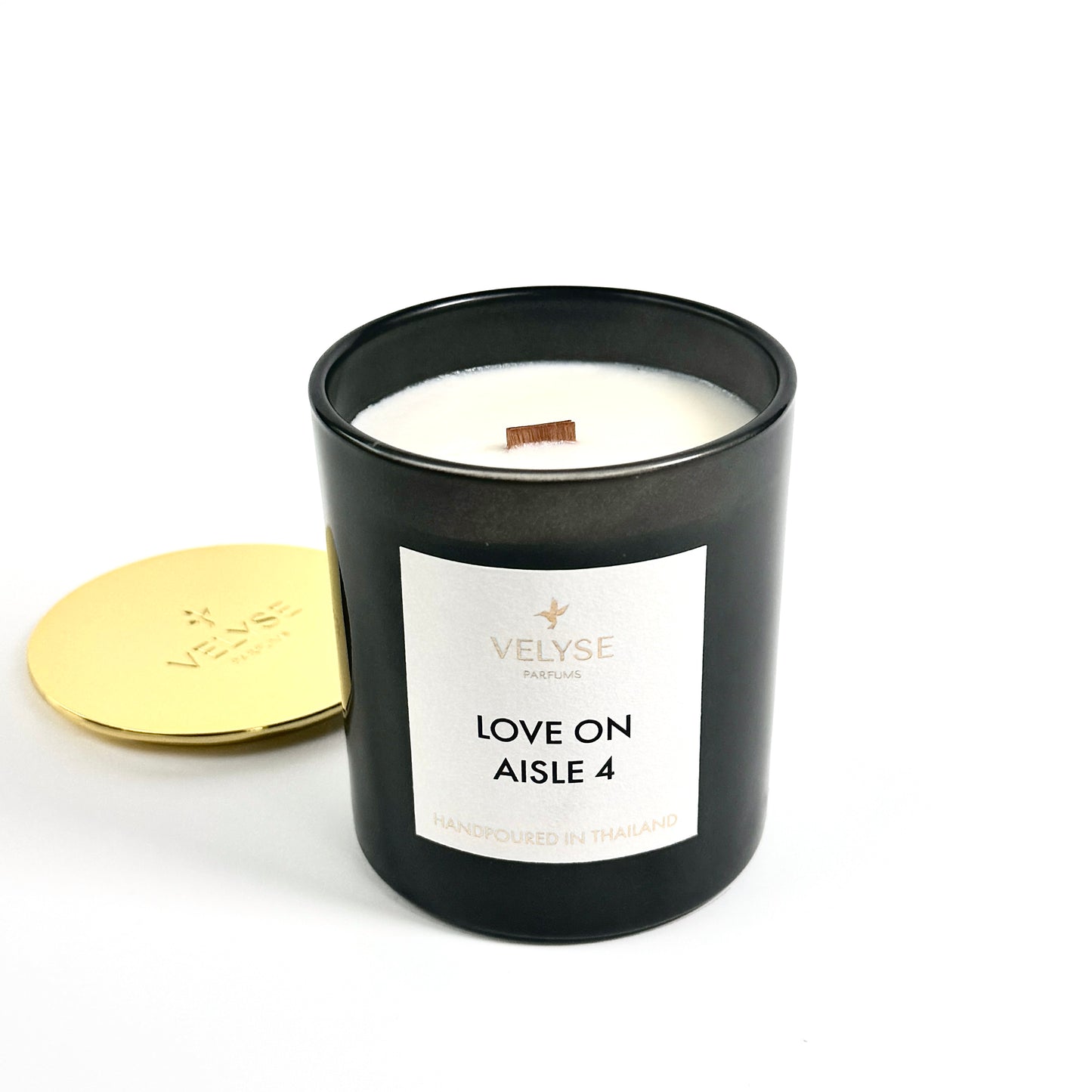 Love on Aisle 4 luxury candle with gold lid