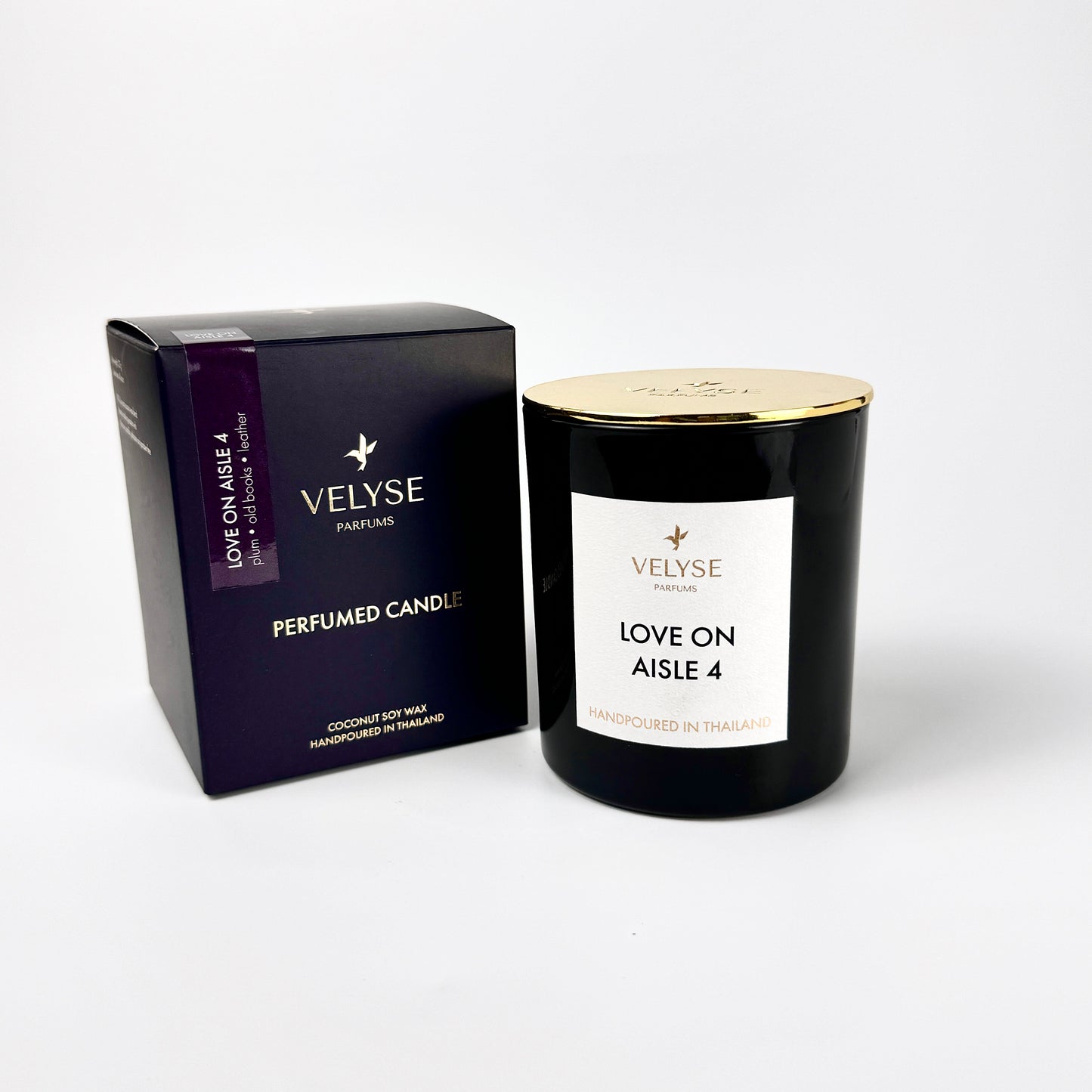 Love on Aisle 4 luxury candle with gold metal lid and packaging box