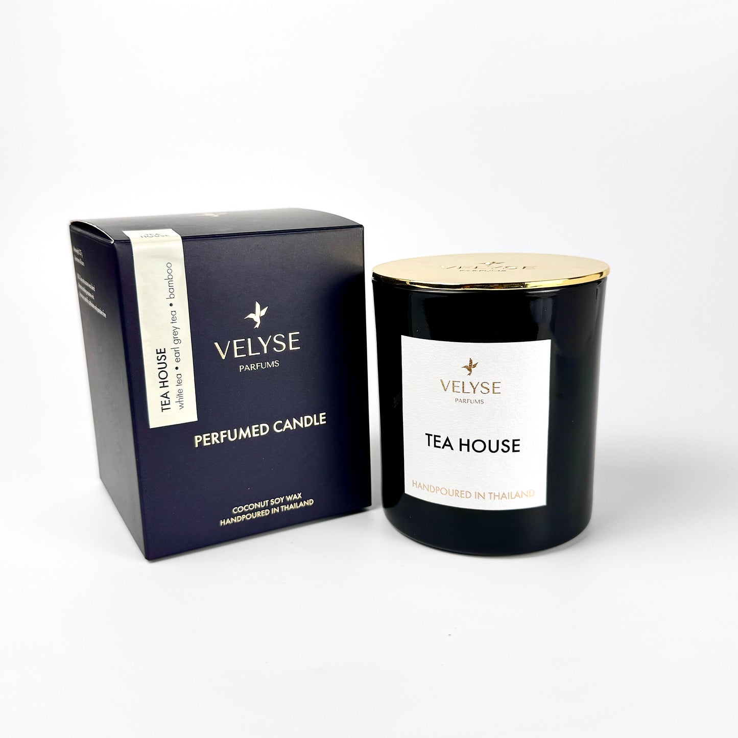 Tea House luxury candle with gold metal lid and packaging box