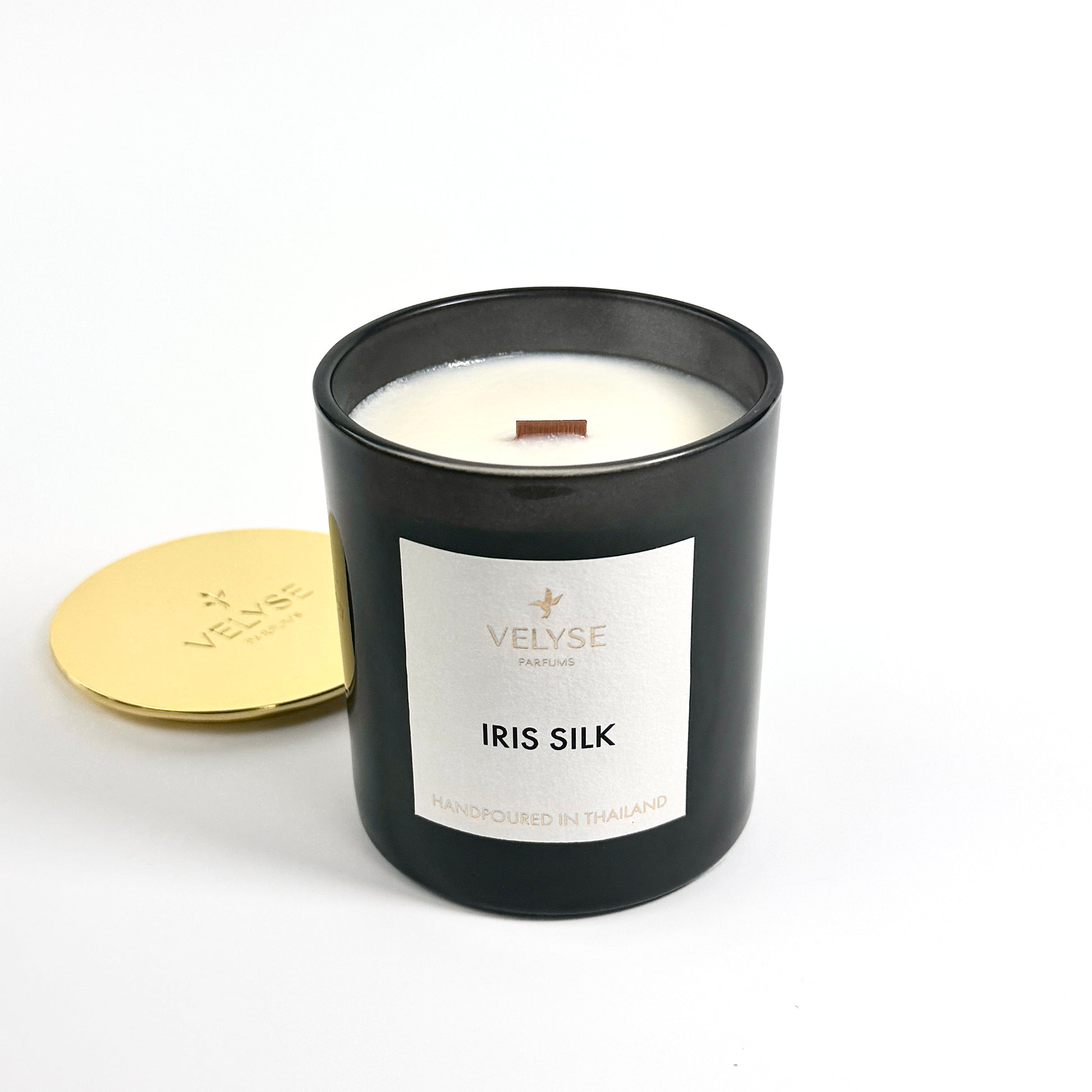 Iris Silk luxury candle burning