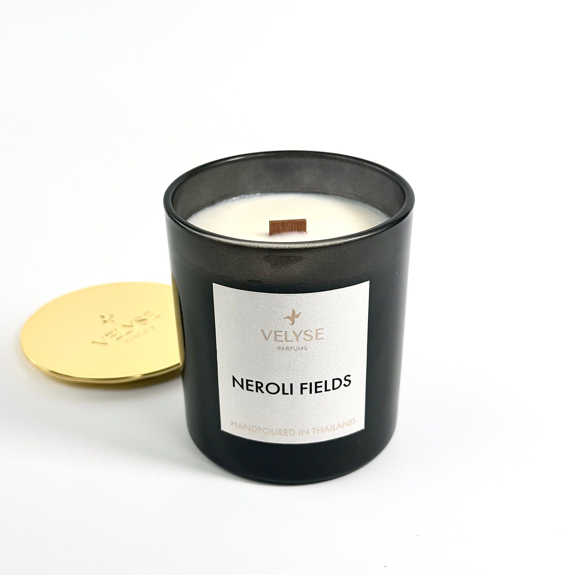 Neroli Fields luxury candle burning